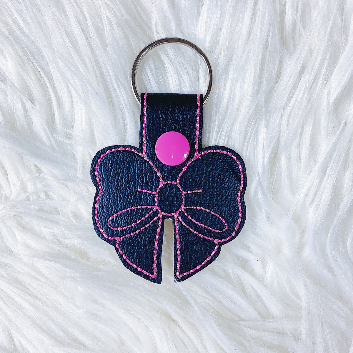 Black with Pink Stitching Bow Feltie Snap-Tab Charm