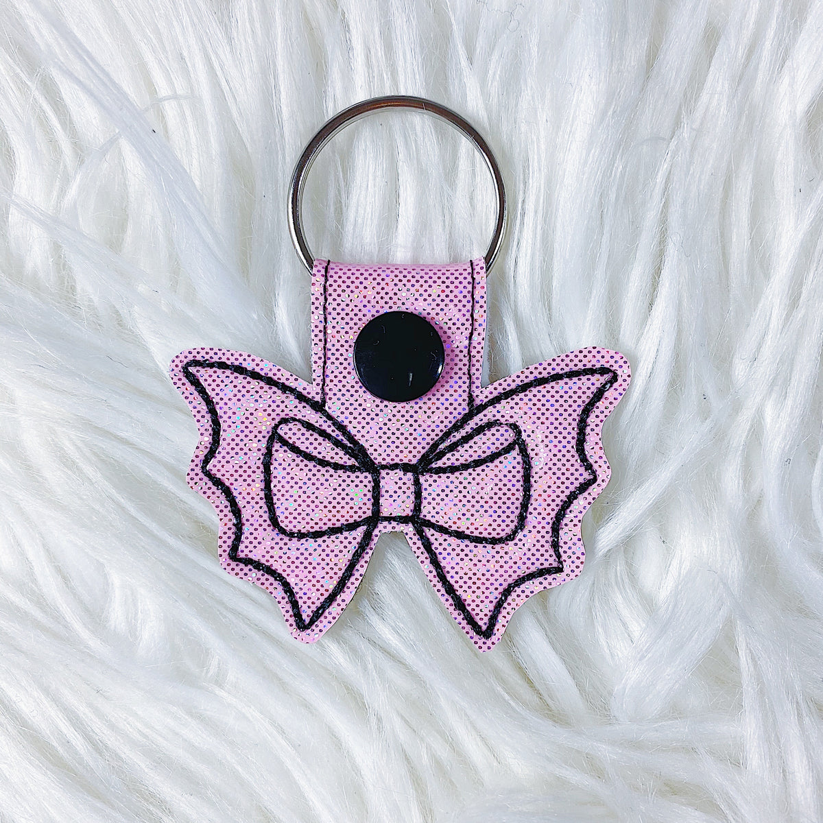 Light Pink Glitter with Black Stitching Bat Bow Feltie Snap-Tab Charm