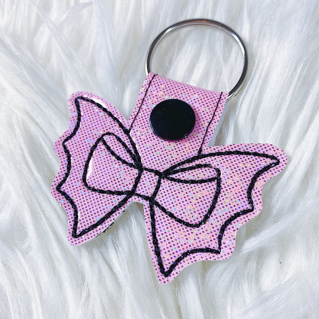 Light Pink Glitter with Black Stitching Bat Bow Feltie Snap-Tab Charm