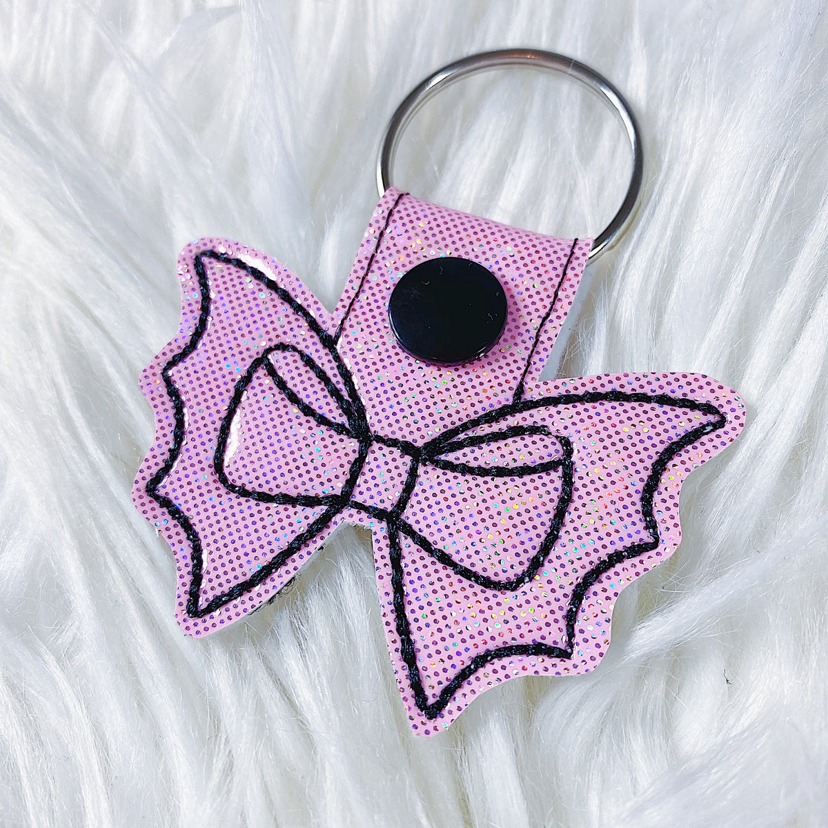 Light Pink Glitter with Black Stitching Bat Bow Feltie Snap-Tab Charm