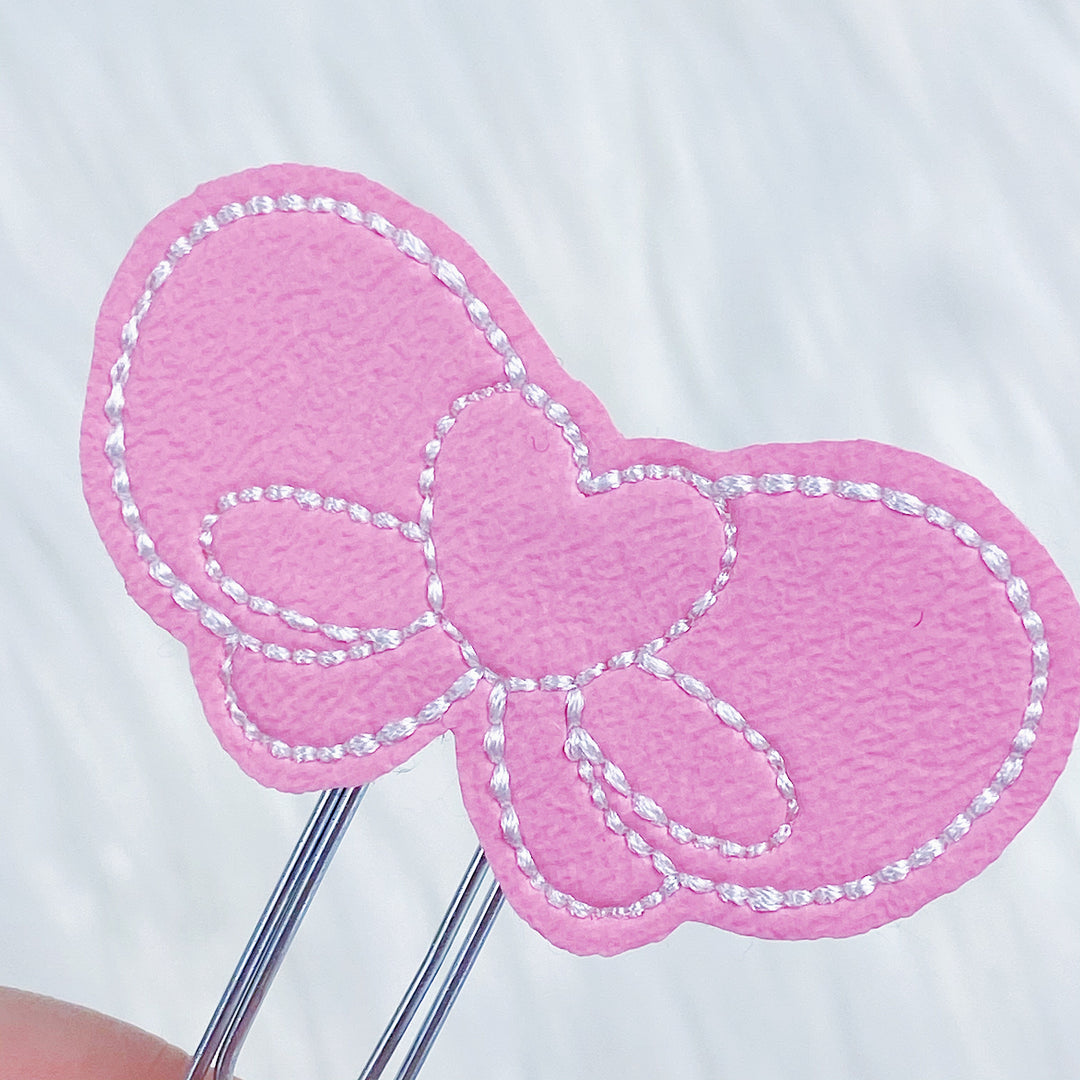 Pink Heart Bow + White Stitching Feltie Planner Clip