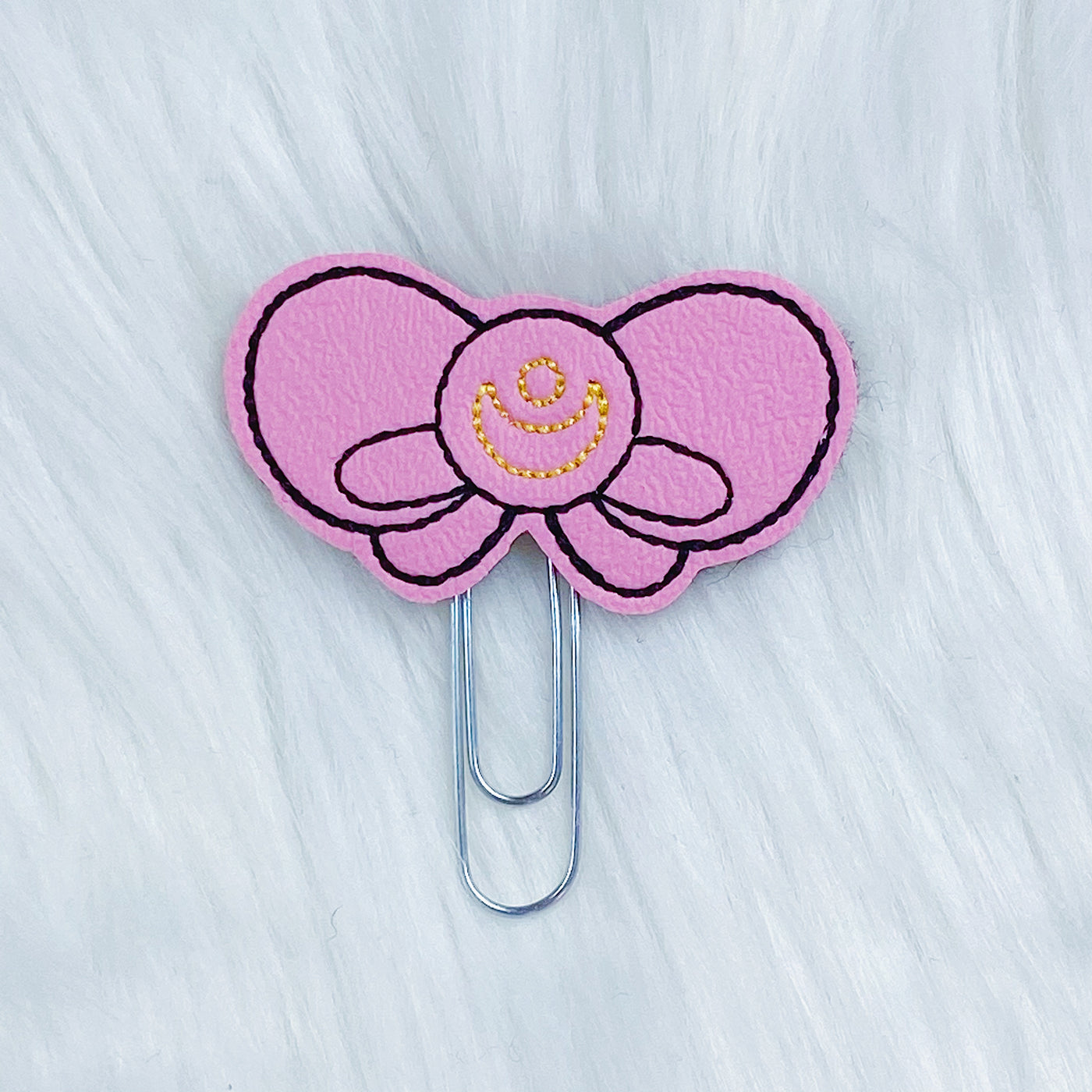 Pink Moon Bow + Black Stitching Feltie Planner Clip
