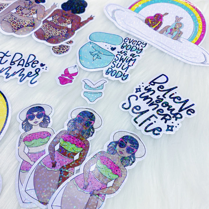 Hot Babe Summer Sticker Die Cut Pack | Holographic Overlay | ALL Skin Tones Included