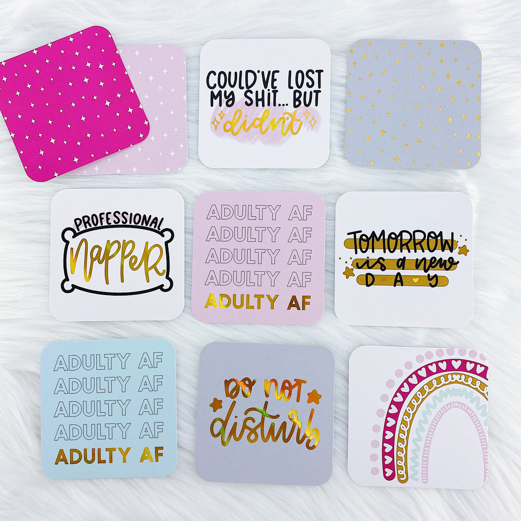 Paquete de tarjetas decorativas AF para adultos de 3"x3" | Holo de oro frustrado