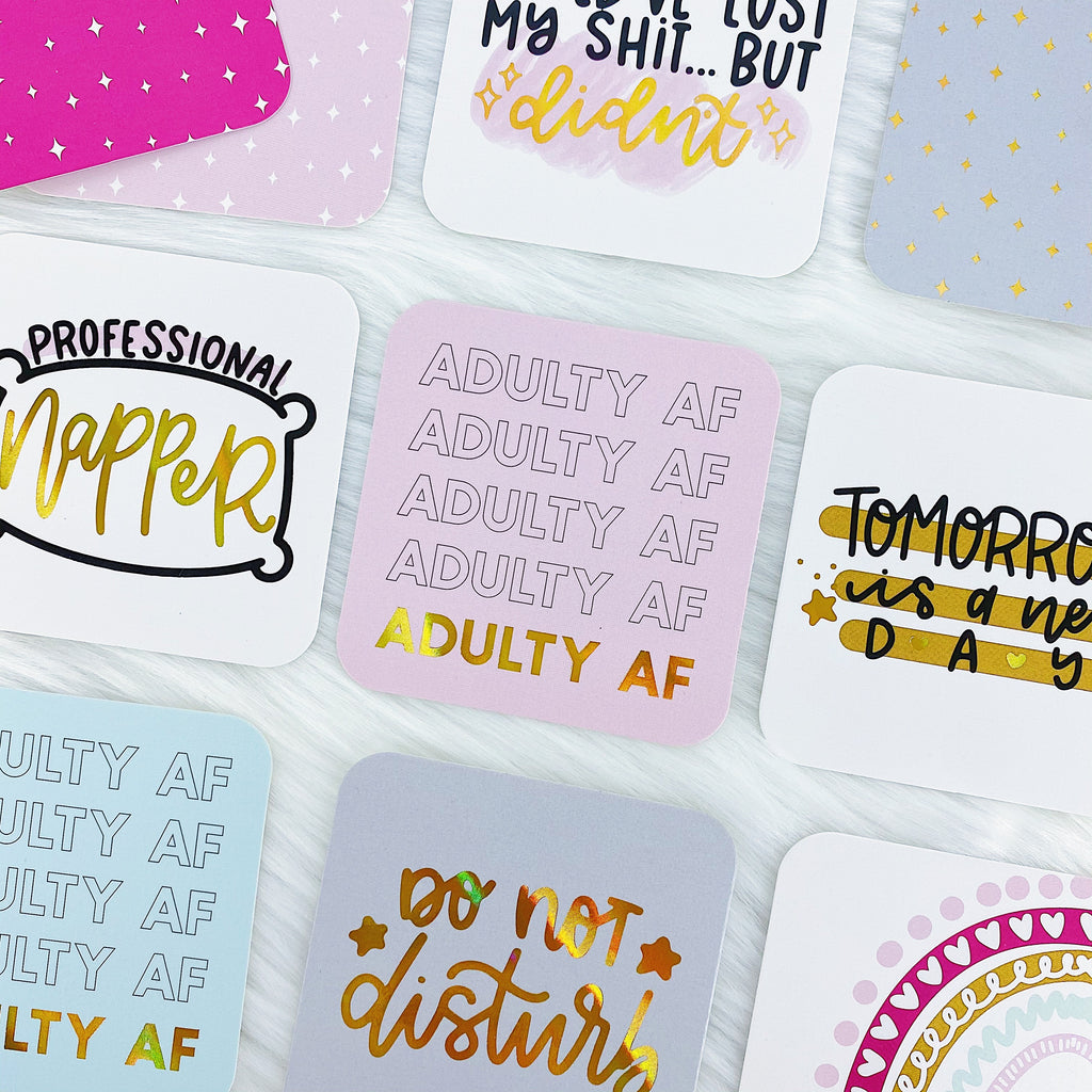 Paquete de tarjetas decorativas AF para adultos de 3"x3" | Holo de oro frustrado