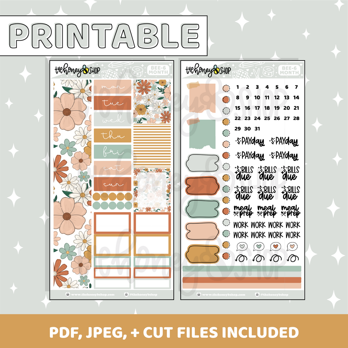 Kit mensual imprimible In Bloom | Planificador BEE6 PRT | Pegatinas imprimibles del planificador