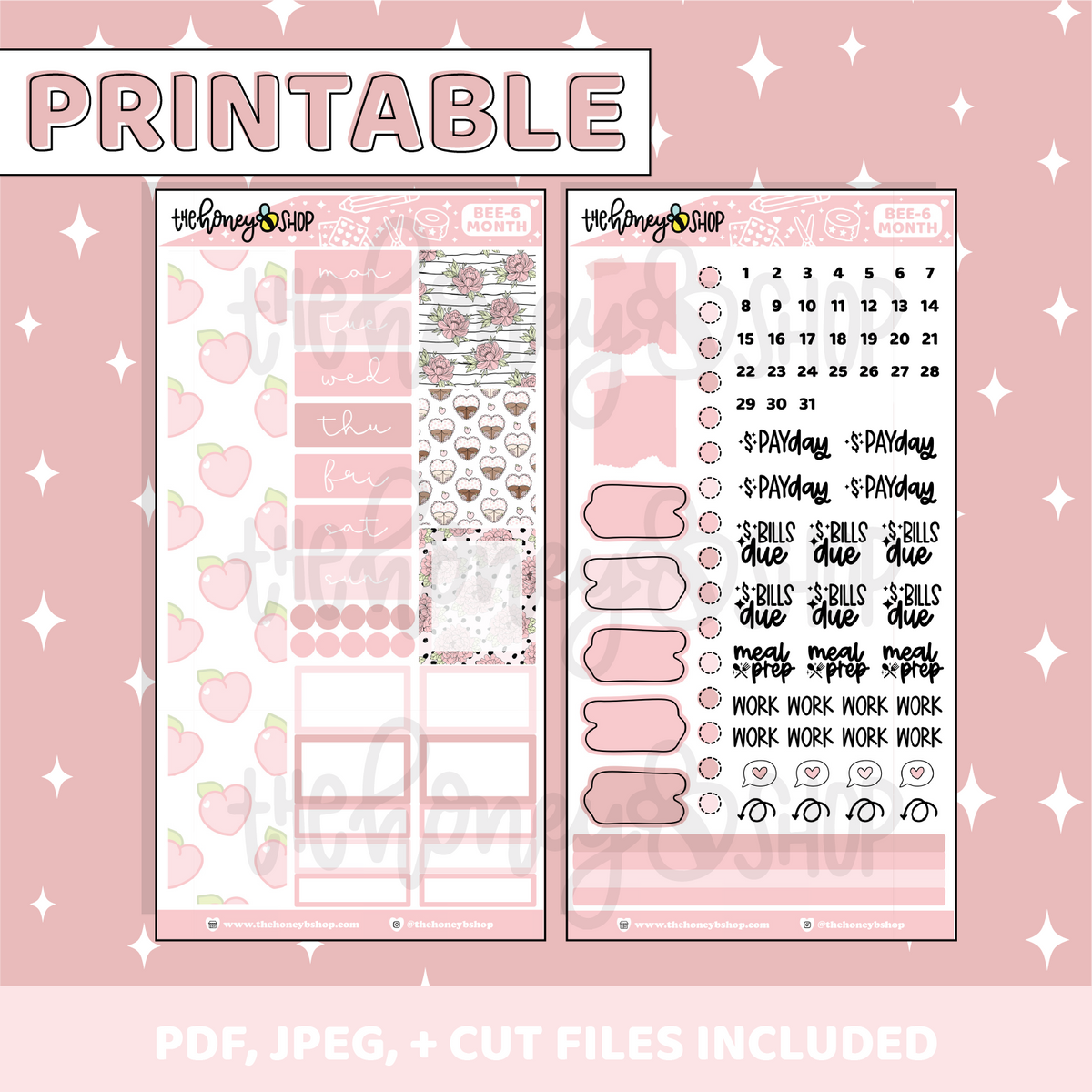 Kit mensual imprimible Just Peachy | Planificador BEE6 PRT | Pegatinas imprimibles del planificador