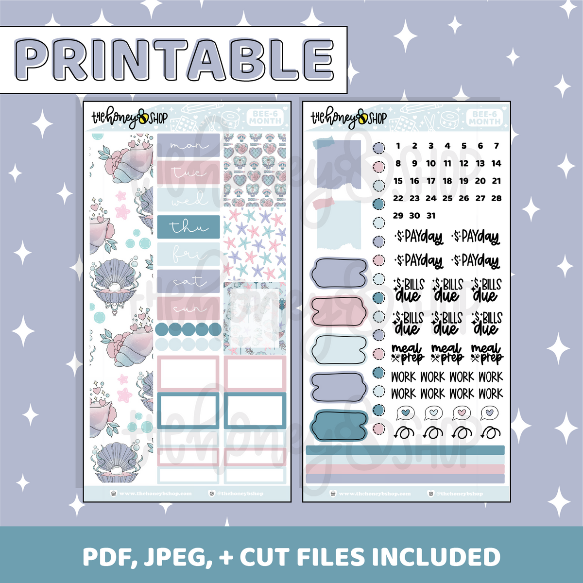 Kit mensual imprimible MerMay | Planificador BEE6 PRT | Pegatinas imprimibles del planificador