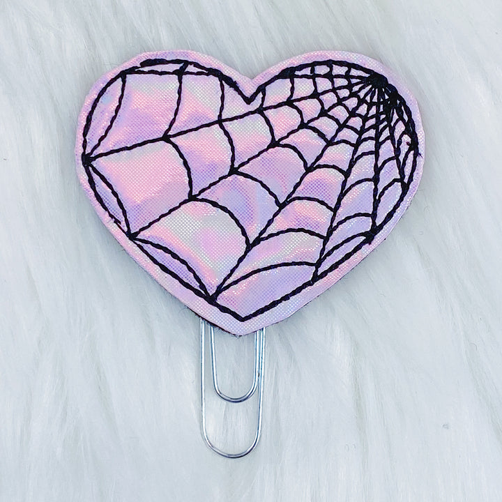 Pink Holo Spider Web Heart Feltie Planner Clip