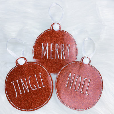 Merry, Noel, + Jingle Shiny Red Vegan Leather Embroidered Ornaments | Set of 3