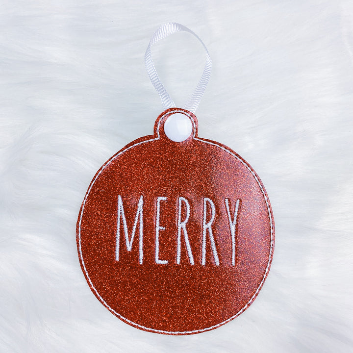 Merry, Noel, + Jingle Shiny Red Vegan Leather Embroidered Ornaments | Set of 3