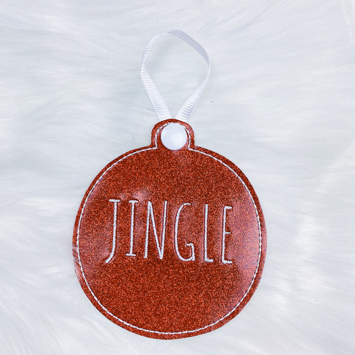 Merry, Noel, + Jingle Shiny Red Vegan Leather Embroidered Ornaments | Set of 3