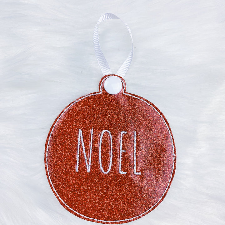 Merry, Noel, + Jingle Shiny Red Vegan Leather Embroidered Ornaments | Set of 3