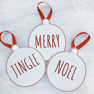 Merry, Noel, + Jingle White Vegan Leather Embroidered Ornaments | Set of 3
