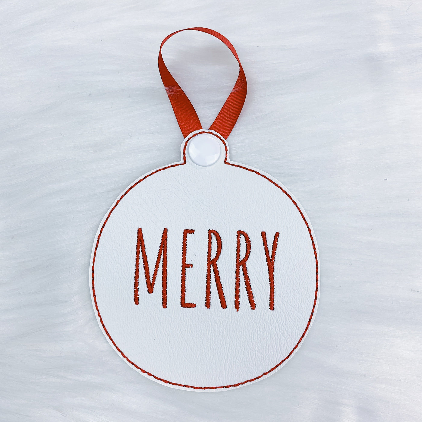Merry, Noel, + Jingle White Vegan Leather Embroidered Ornaments | Set of 3