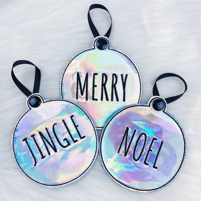 Merry, Noel, + Jingle Holographic Embroidered Ornaments | Set of 3