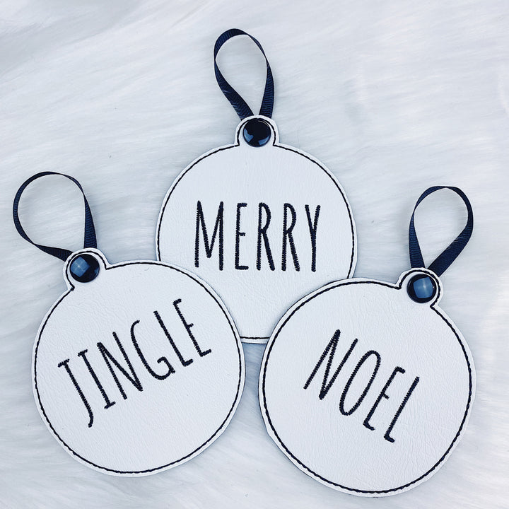 Merry, Noel, + Jingle White Vegan Leather (Black Stitching) Embroidered Ornaments | Set of 3