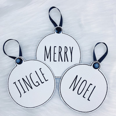 Merry, Noel, + Jingle White Vegan Leather (Black Stitching) Embroidered Ornaments | Set of 3