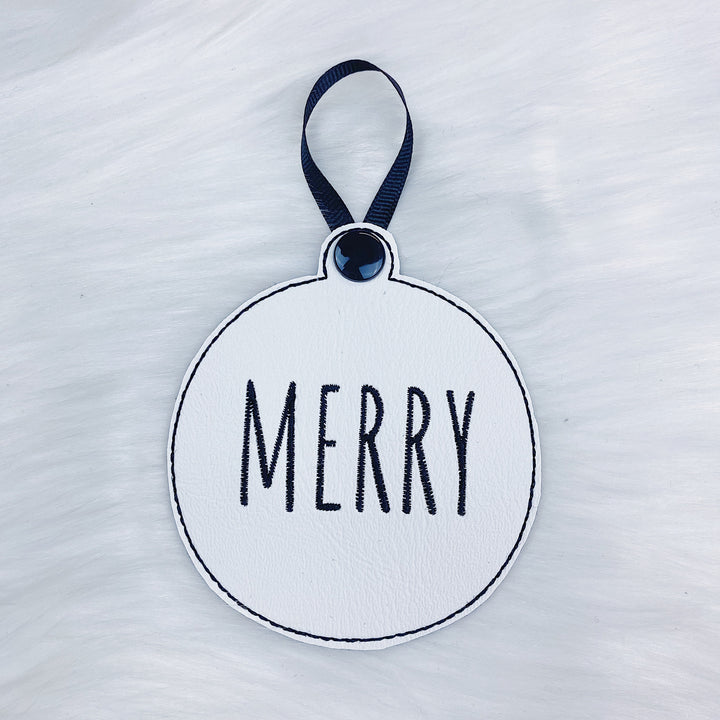 Merry, Noel, + Jingle White Vegan Leather (Black Stitching) Embroidered Ornaments | Set of 3