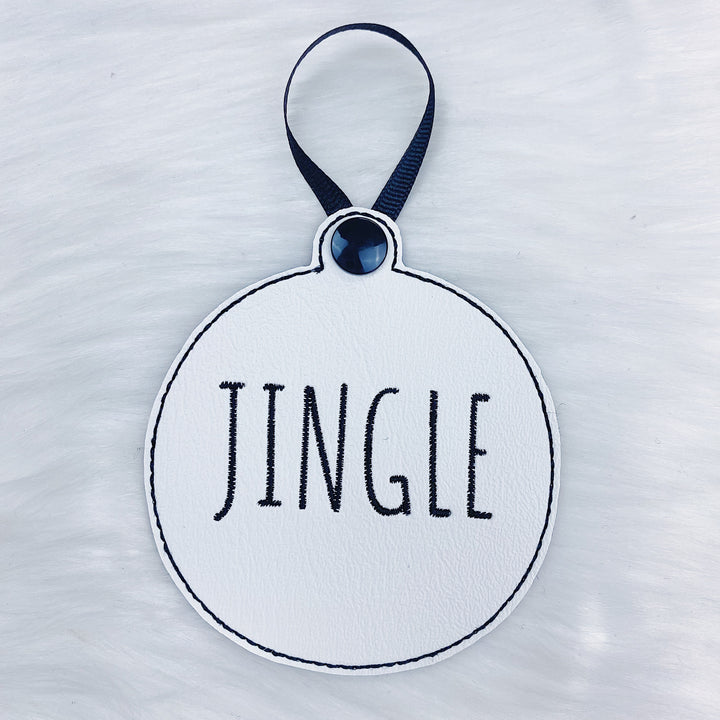 Merry, Noel, + Jingle White Vegan Leather (Black Stitching) Embroidered Ornaments | Set of 3