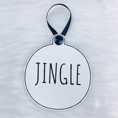Merry, Noel, + Jingle White Vegan Leather (Black Stitching) Embroidered Ornaments | Set of 3