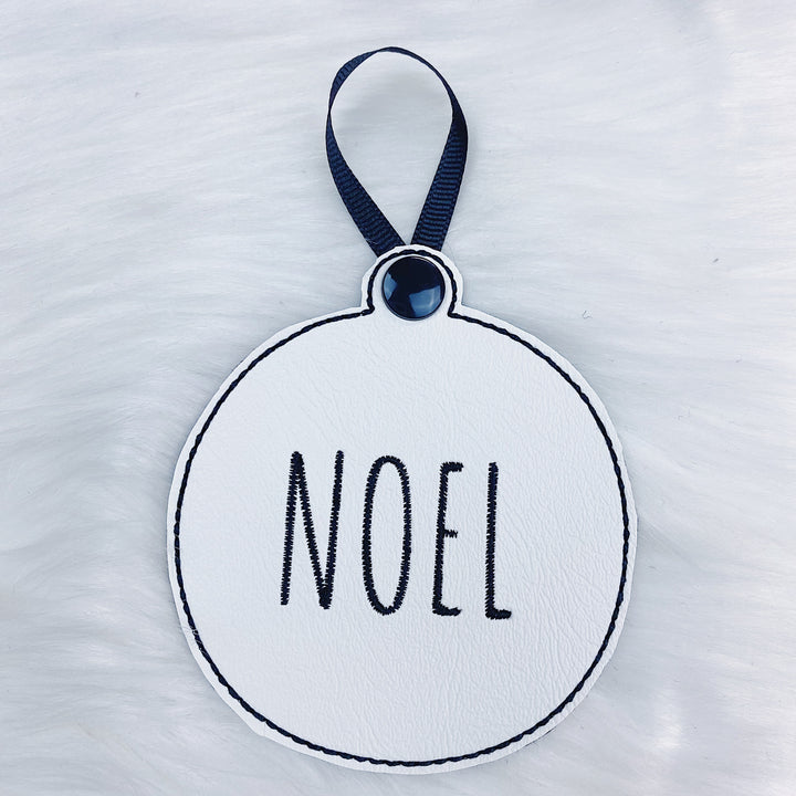 Merry, Noel, + Jingle White Vegan Leather (Black Stitching) Embroidered Ornaments | Set of 3