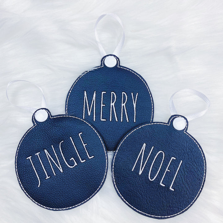 Merry, Noel, + Jingle Black Vegan Leather Embroidered Ornaments | Set of 3