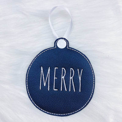 Merry, Noel, + Jingle Black Vegan Leather Embroidered Ornaments | Set of 3