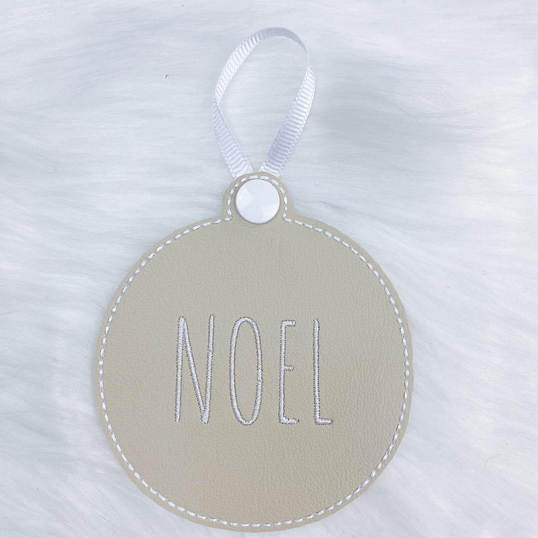 Merry, Noel, + Jingle Taupe Vegan Leather Embroidered Ornaments | Set of 3