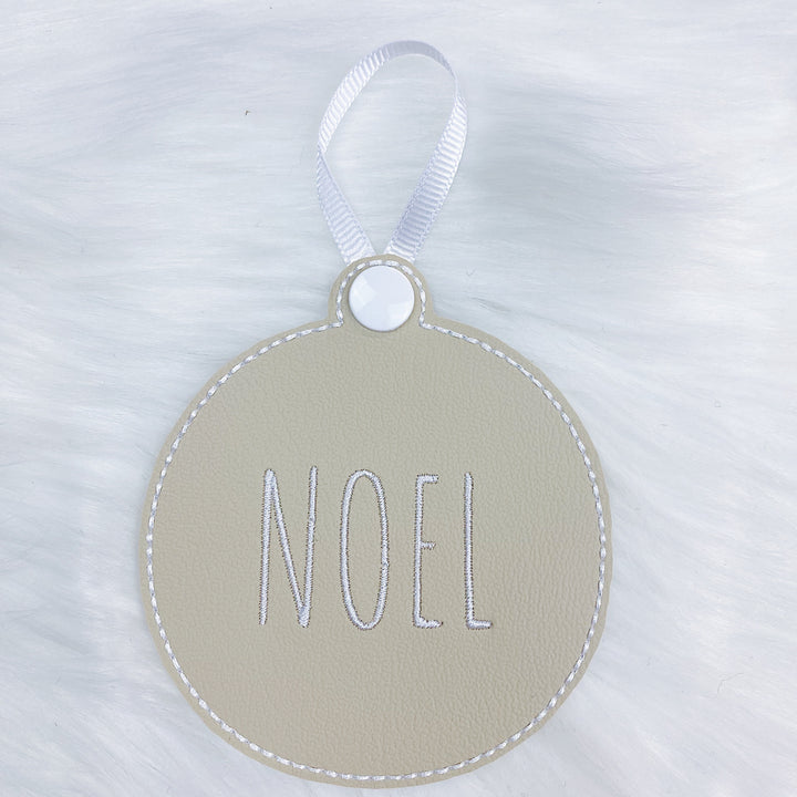 Merry, Noel, + Jingle Taupe Vegan Leather Embroidered Ornaments | Set of 3