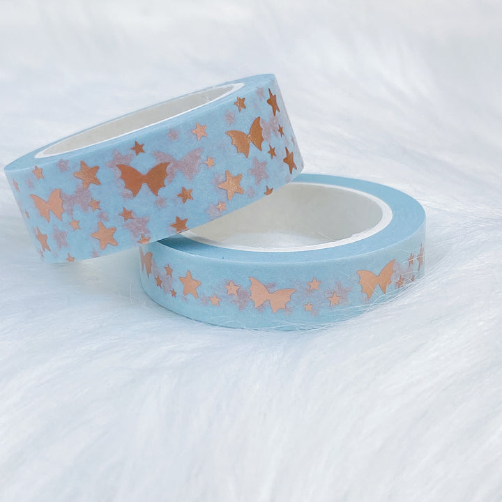 Serenity Soft Blue Bat Bow Magic Washi Tape Bundle | 15 + 10 MM | Rose Gold Foil