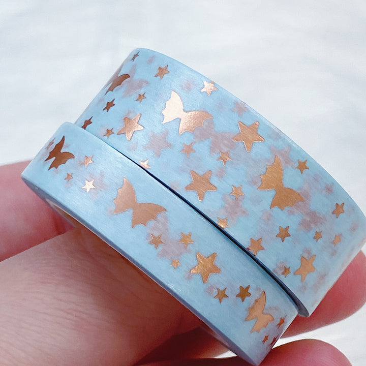 Serenity Soft Blue Bat Bow Magic Washi Tape Bundle | 15 + 10 MM | Rose Gold Foil