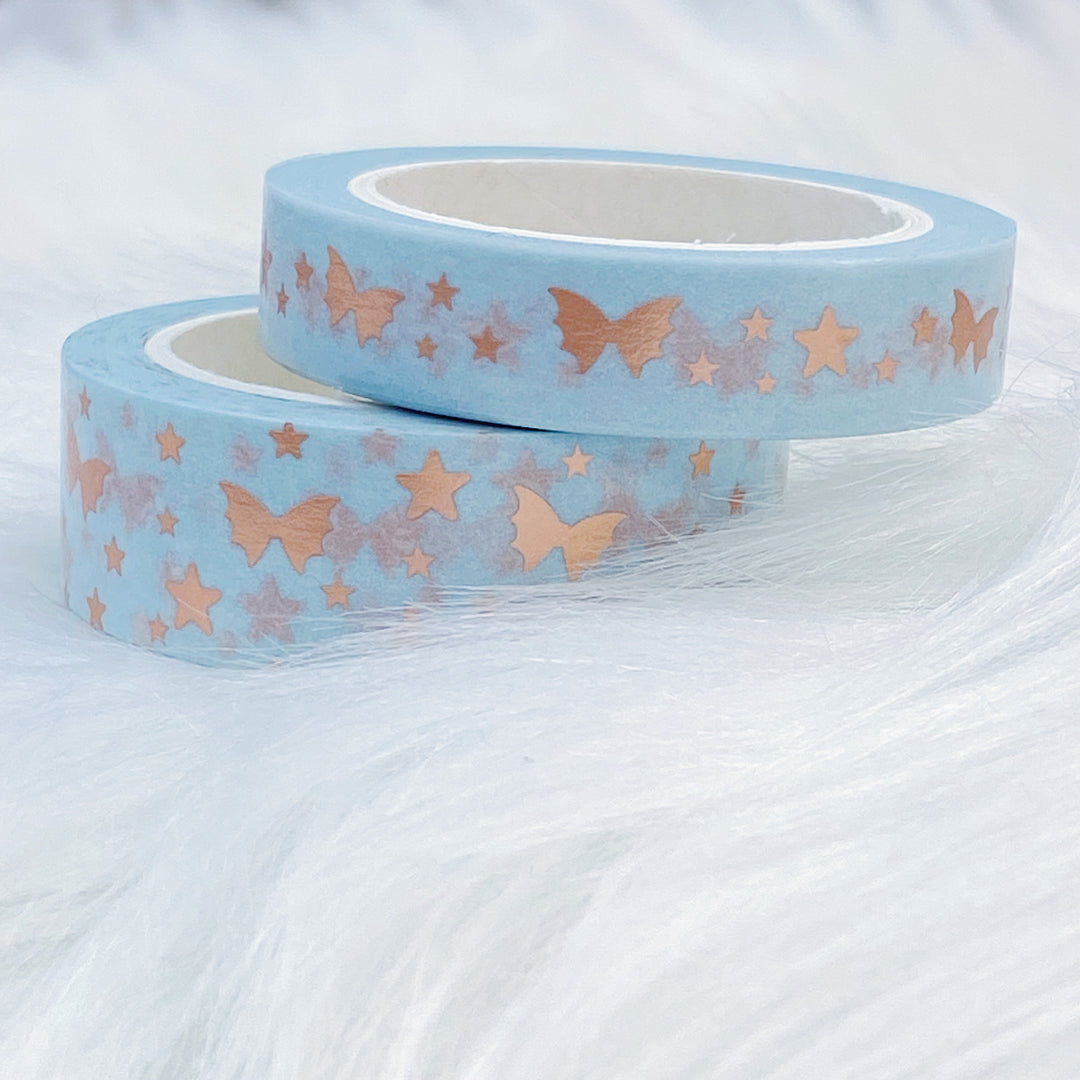 Serenity Soft Blue Bat Bow Magic Washi Tape Bundle | 15 + 10 MM | Rose Gold Foil