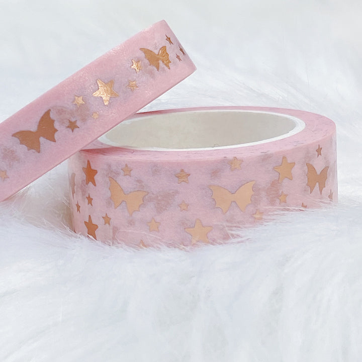 Paquete de cinta washi mágica Serenity Peach Bat Bow | 15+10 MM | Lámina de oro rosa.