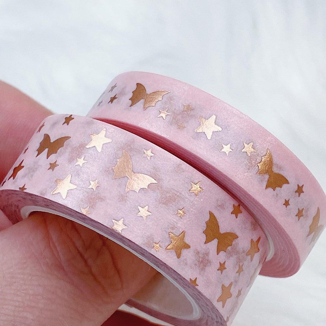 Serenity Peach Bat Bow Magic Washi Tape Bundle | 15 + 10 MM | Rose Gold Foil