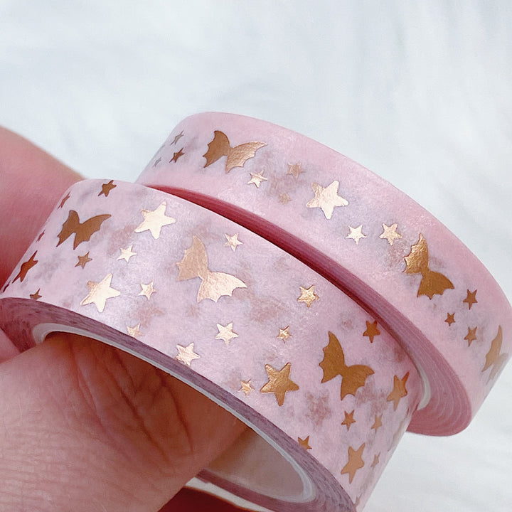 Serenity Peach Bat Bow Magic Washi Tape Bundle | 15 + 10 MM | Rose Gold Foil