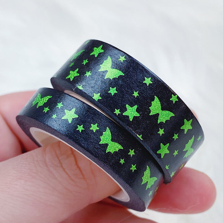 Paquete de cinta washi mágica con lazo de murciélago verde de Halloween | 15+10 MM | Lámina verde