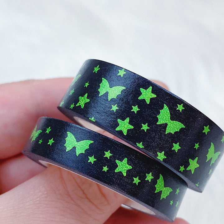 Halloween Green Bat Bow Magic Washi Tape Bundle | 15 + 10 MM | Green Foil