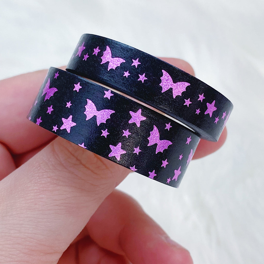 Paquete de cinta Washi mágica con lazo de murciélago magenta para Halloween | 15+10 MM | Lámina rosa