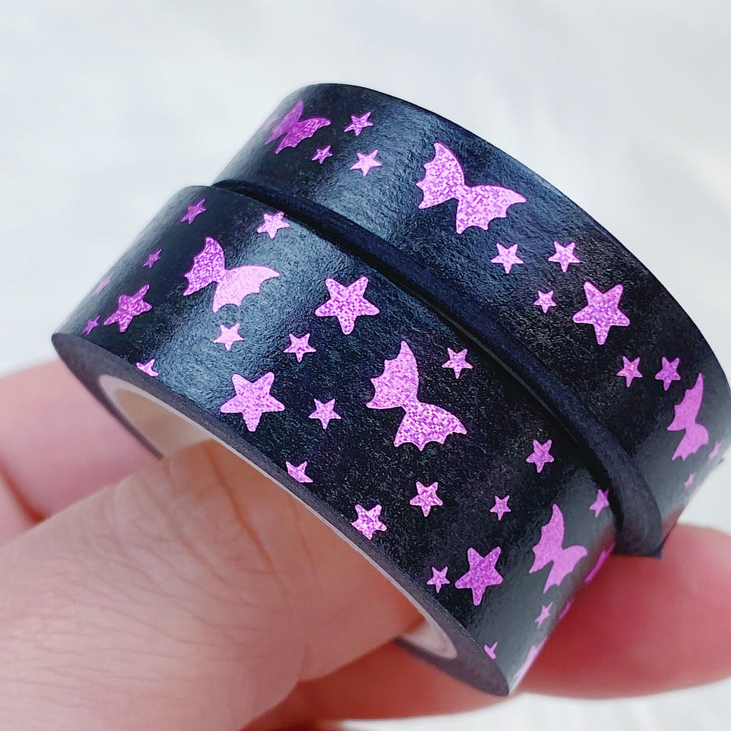 Paquete de cinta Washi mágica con lazo de murciélago magenta para Halloween | 15+10 MM | Lámina rosa