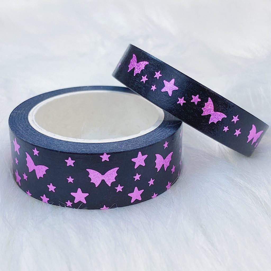 Paquete de cinta Washi mágica con lazo de murciélago magenta para Halloween | 15+10 MM | Lámina rosa