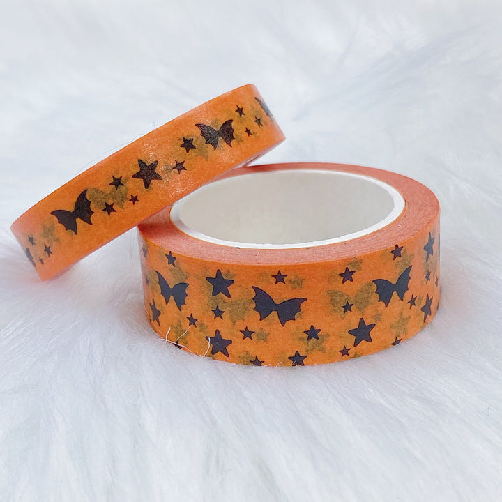 Paquete de cinta Washi mágica con lazo de murciélago negro sobre naranja para Halloween | 15+10 MM |