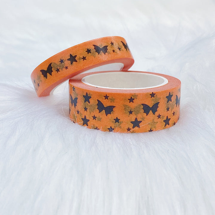 Paquete de cinta Washi mágica con lazo de murciélago negro sobre naranja para Halloween | 15+10 MM |