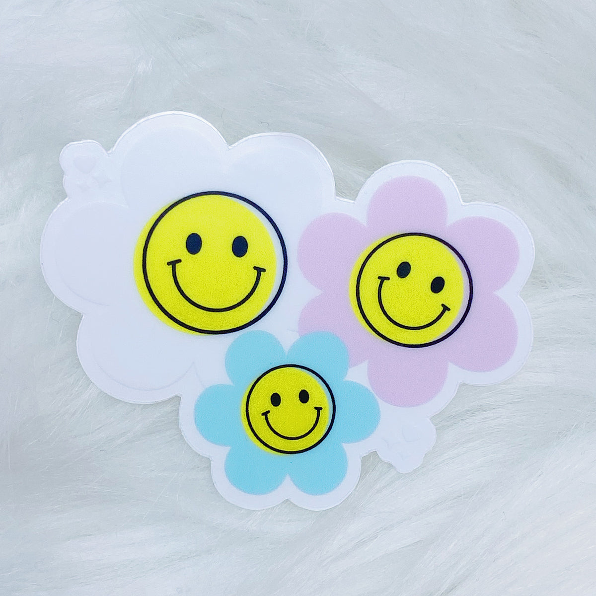 Pegatina de vinilo transparente con flores sonrientes troquelada