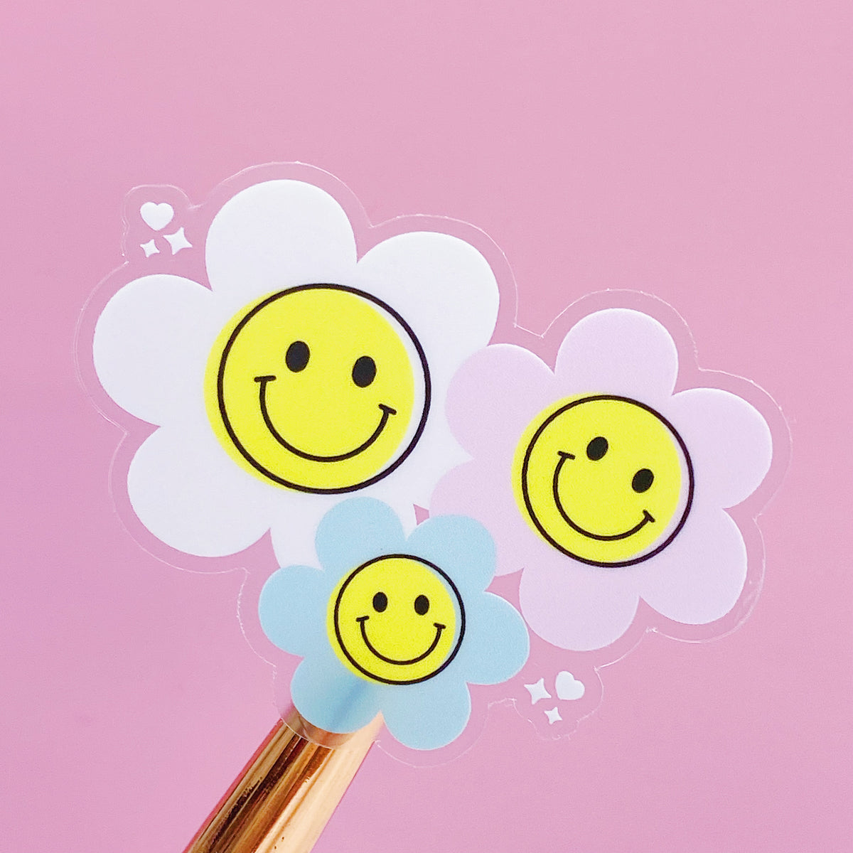 Pegatina de vinilo transparente con flores sonrientes troquelada
