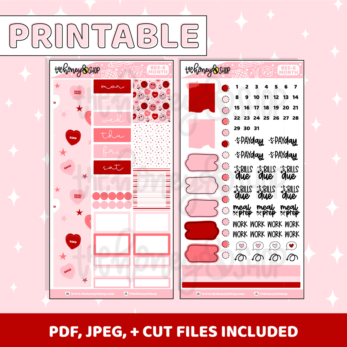 Kit mensual imprimible VDAY | Planificador BEE6 PRT | Pegatinas imprimibles del planificador